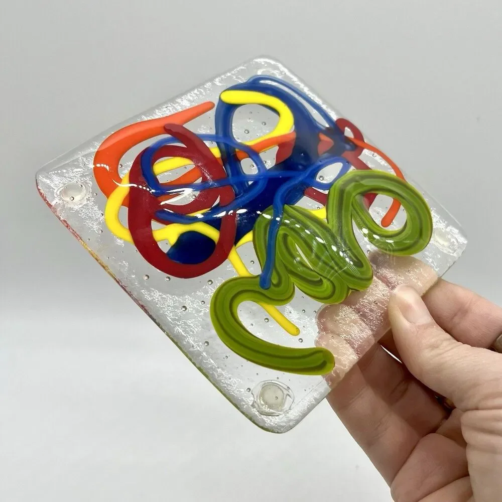 OOAK Set Of 2 Colorful Squiggle Art Glass Coasters Paperweights